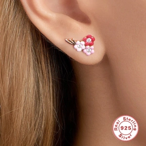 Colorful floral bouquet stud earrings in 925 sterling silver with sparkling crystals