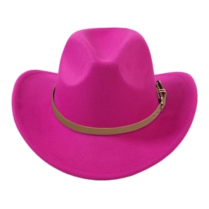 Detail view of pink western felt cowboy hat with brown faux leather band and gold buckle