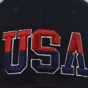 Classic navy cotton baseball cap featuring high-density USA flag embroidery on the front