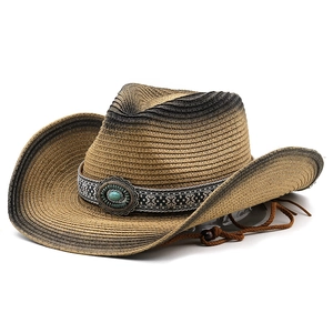 Chapeau de paille cowboy dégradé avec boucle turquoise et mentonnière réglable