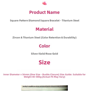 Detailed size specifications for square zircon titanium steel bangle with 56mm inner diameter