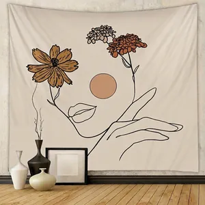 Minimalist Line Art Woman Face Flower Tapestry Polyester Wall Hanging Bohemian Style Home Decor For Bedroom Living Room