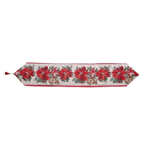 Christmas table runner with poinsettia patterns, jacquard fabric and red tassels decoration