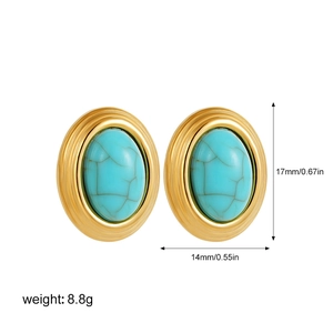 Detail view of oval turquoise earrings with 18K gold plating and 17mm x 14mm size