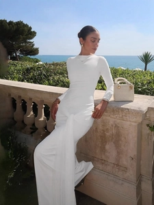 Elegant white long sleeve bodycon maxi dress with waist twist detail for women