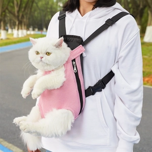 Close-up of a pink mesh pet carrier backpack with a white cat for breathable comfort