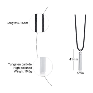 Detailed specs of high polished tungsten carbide bar pendant with dimensions and rope chain