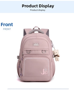 Detailed front view of pink waterproof backpack with multiple pockets and plush bear charm