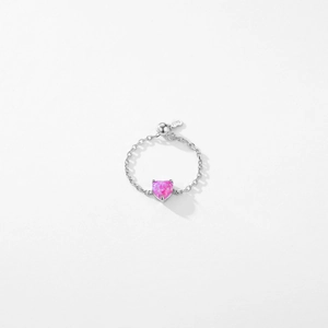 S925 sterling silver chain ring with pink heart opal and adjustable slider bead