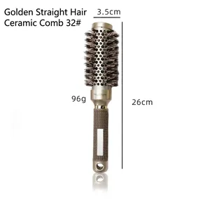 Detail view of 32mm gold thermal ceramic round brush with boar bristles and non-slip handle