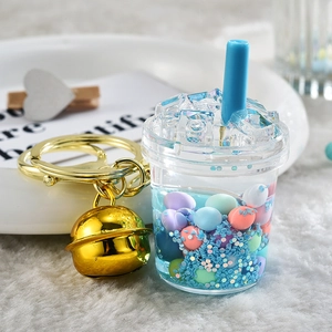 Simulation Milk Tea Cup Liquid Quicksand Keychain Colorful Acrylic Floating Bottle Pendant With Gold Bell Bag Decor