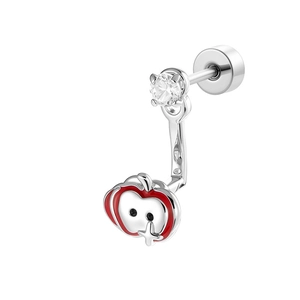 Silver apple and star cartilage earring with a tiny clear gemstone on white backdrop