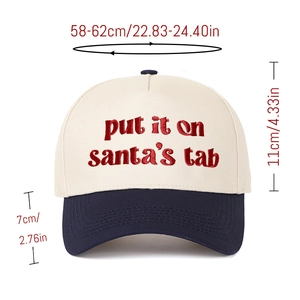 Detailed view of baseball cap dimensions with Santa's Tab embroidery on canvas