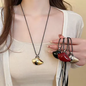 Irregular Geometric Pendant Necklace Alloy Metal With Black Cord Adjustable Long Sweater Chain Minimalist Fashion For Women