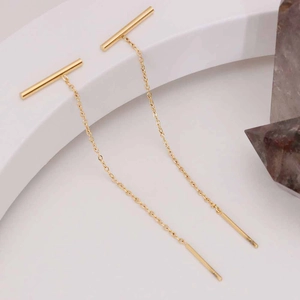 Minimalist 18K Gold Plated Titanium Steel Long Chain Threader Earrings For Women Elegant Geometric Line T-Bar Drop Earrings