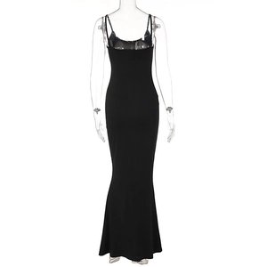 Back view of a black slim fit backless maxi dress on a mannequin with white background