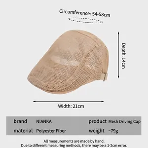 Breathable mesh flat cap for summer in light camel with adjustable sizing details