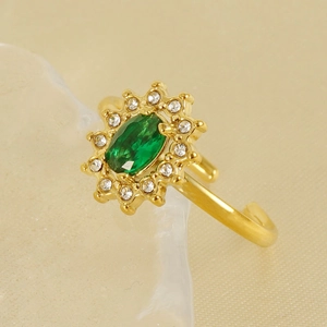 18k gold plated stainless steel sunburst ring with green zircon and halo stones