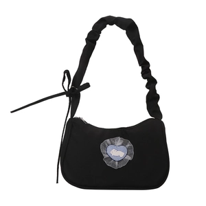 Retro black shoulder bag with pleated strap and lace heart rabbit patch for women