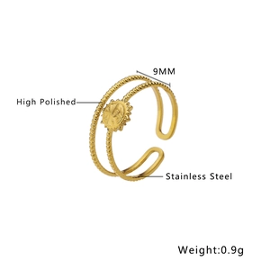 Detail view of 18k gold plated stainless steel sunburst ring with 9mm high polished band