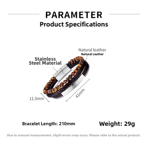 Macro detail of men's leather bracelet with tiger eye stones and steel magnetic clasp