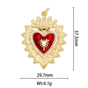 18k gold plated sacred heart necklace pendant with red enamel and white crystals