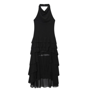 Women Black Halter Neck Tiered Midi Dress Chiffon Ruffle Layered Slim Backless Cowl Neck Sleeveless Party Summer Clubwear