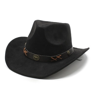 Classic black suede western cowboy hat with wide brim and ornate bull horn leather band