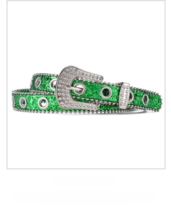 Macro detail of Y2K green sequin belt with silver rhinestone buckle and metal eyelets