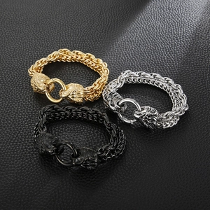 Detailed view of men's braided metal lion head bracelets in gold, silver, and black