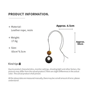 Detailed dimensions of round resin pendant necklace with long black leather cord