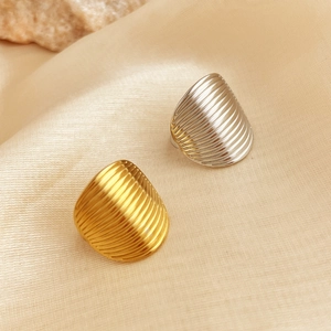 Oval Ribbed Ring Stainless Steel 18K Gold Plated Adjustable Vintage Chunky Geometric Jewelry For Women Men