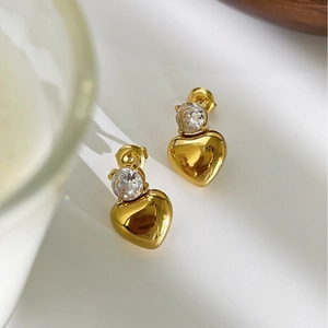 18K gold plated stainless steel heart stud earrings with sparkling round zircon accents