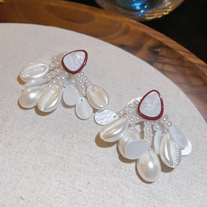 French style starfish shell and pearl drop earrings with burgundy crystal studs