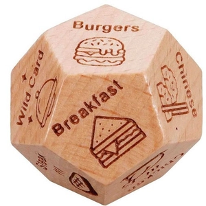 Polygonal wooden date night food decision dice with engraved meal options on white background