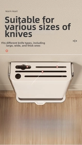Top view of kitchen knife rack with 5 slots, slot sizes, and a detachable water tray
