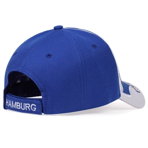 Detailed view of the back of a blue sports cap with white HAMBURG embroidery