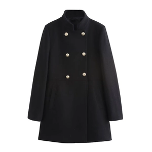 Detail view of the black wool coat featuring double-breasted gold buttons and stand collar