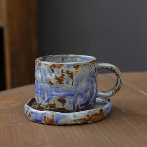 Service à café rétro japonais en céramique avec glaçure marbrée bleu et marron foncé