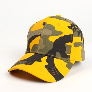 Detail view of cotton camouflage baseball cap with yellow patterns and reinforced stitching