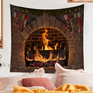 Detailed Christmas tapestry showing a realistic fireplace and holiday socks hanging on a wall