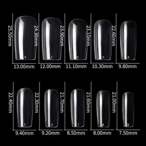 Size chart for ballet coffin false nails showing measurements for 10 different nail sizes