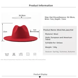 Size chart showing dimensions of wool fedora hat with 7cm brim and 58cm circumference