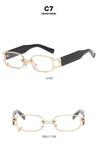 Detail of square gold metal sunglasses with chain link accent and side-positive views