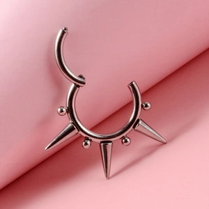 G23 titanium hinged septum nose ring with punk style spikes and polished silver beads