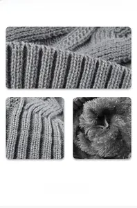 Detail showing thick gray knit texture and warm fleece lining of the winter beanie