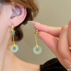 Boucles d'oreilles pendantes style chinois avec papillon et anneau en imitation jade