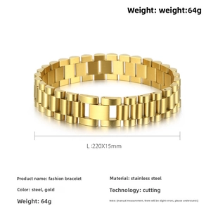 Detail of 15mm gold and steel president link bracelet with 220x15mm size labels