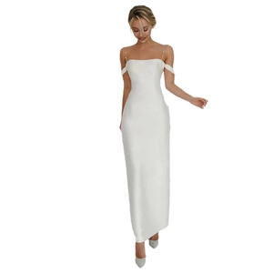 Elegant white mermaid bridal dress with pearl straps and off-shoulder satin finish