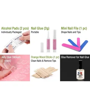 Professional nail application tool kit with glue, file, adhesive tabs, and wooden sticks